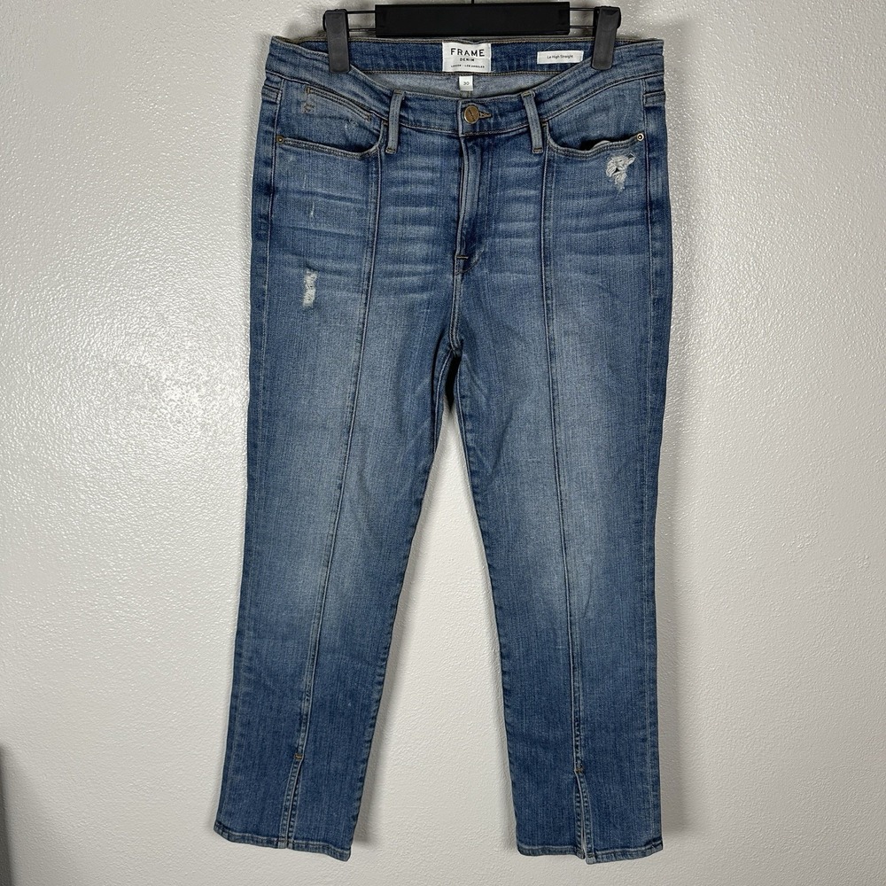 FRAME Le High Straight Sandpiper Distressed Jeans Size 30 Front Seem‎ Split Hem